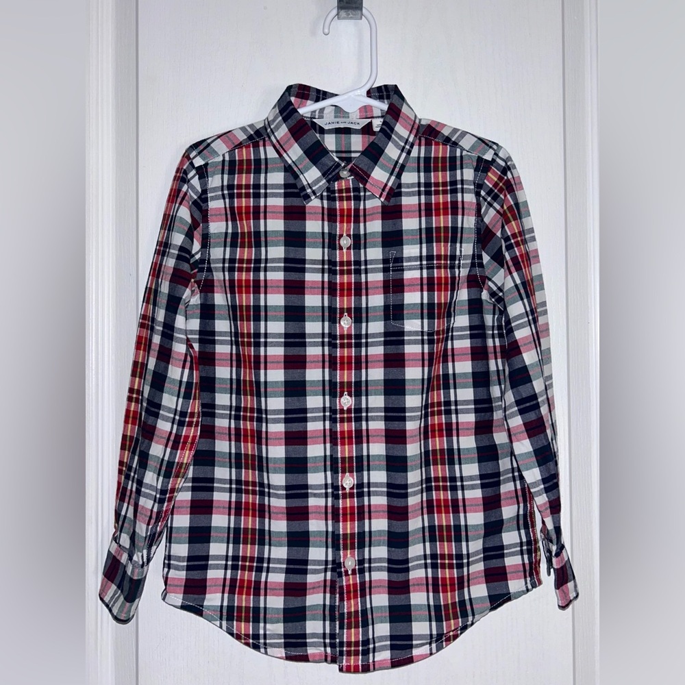 Janie & Jack Boys Plaid Button Down Shirt Size 5 Holiday Red Blue Patriotic